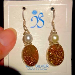 Sterling Silver Pearl Druzy Agate Earrings